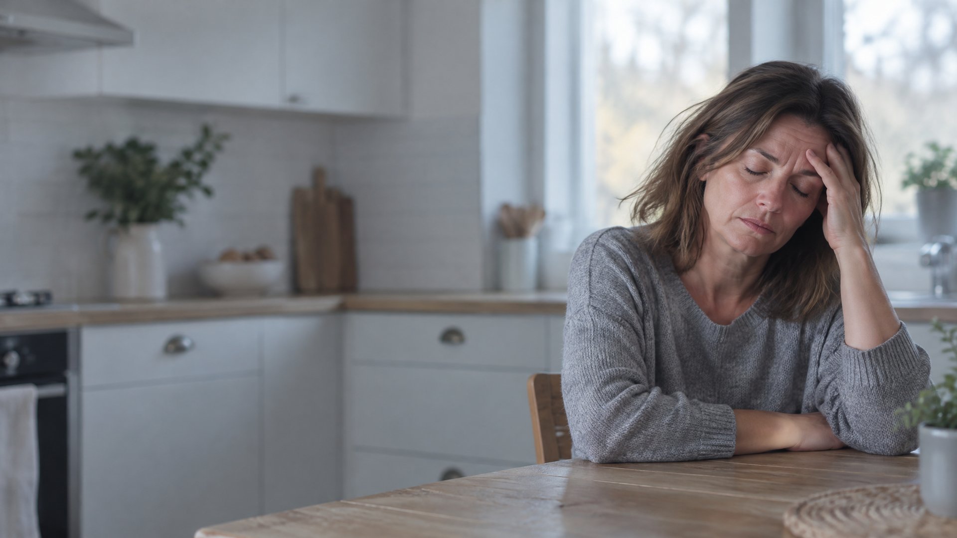 Tired woman sitting at a kitchen table with her hand on her forehead, looking worn out