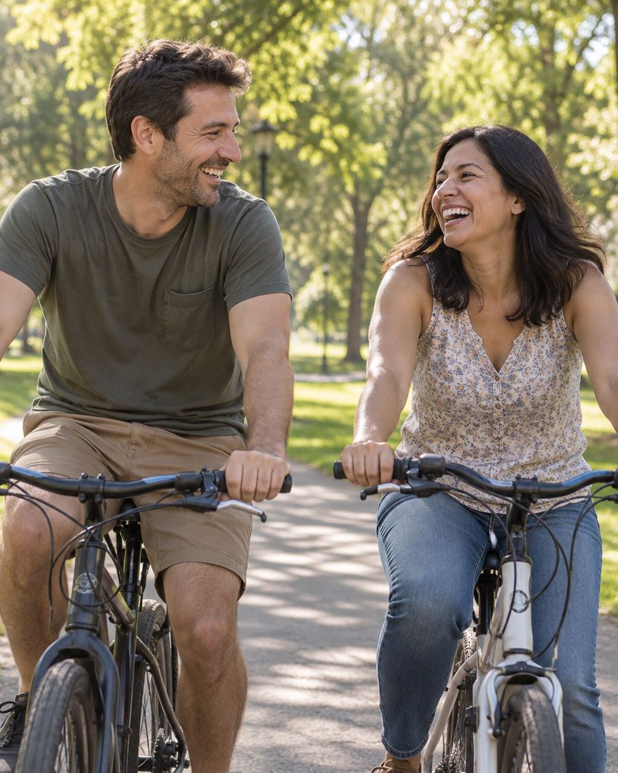 Couple in their forties laughing while riding bicycles on a sunny tree-lined path
