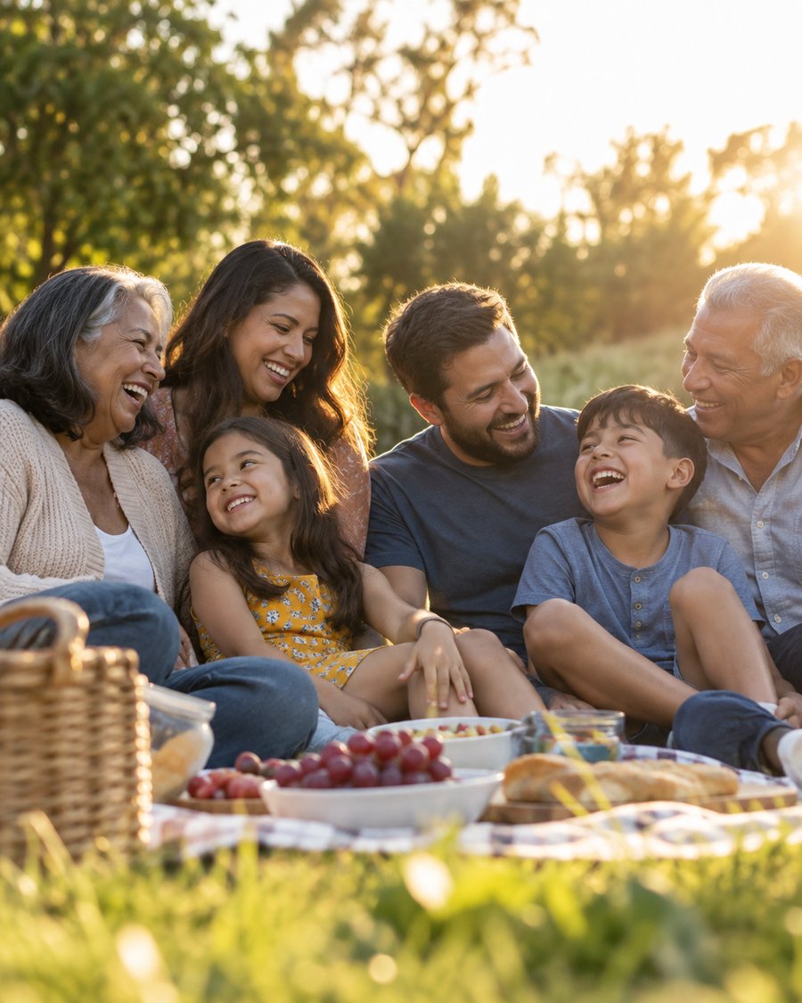 Multigenerational family laughing together at a sunny outdoor picnic