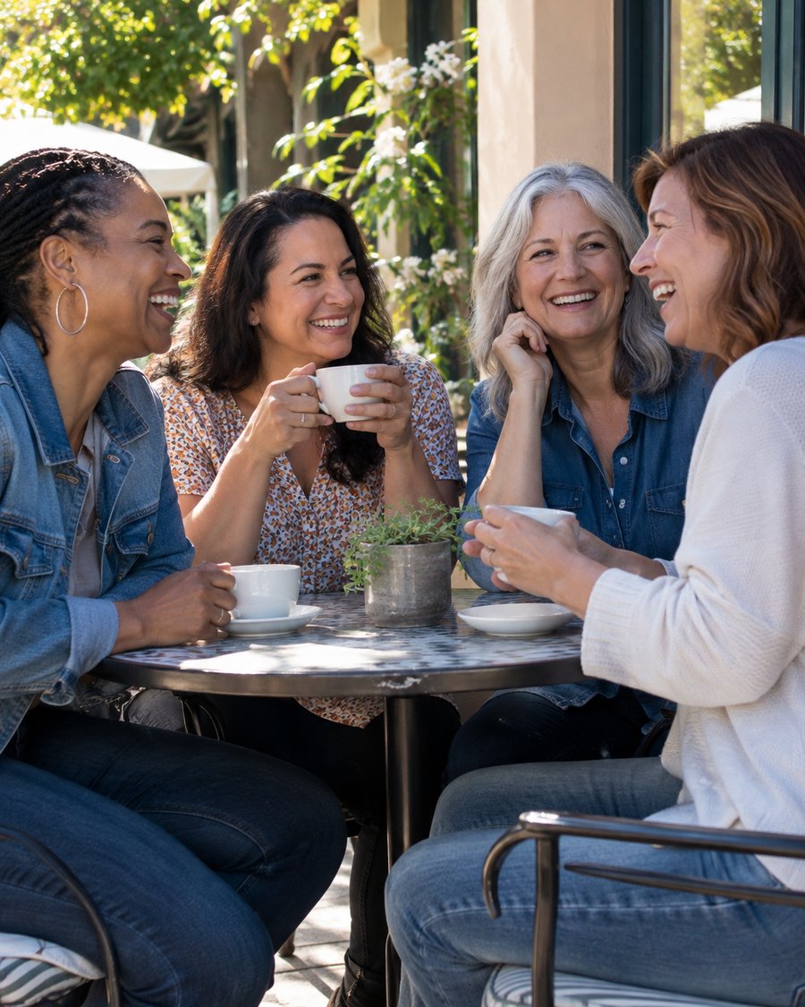Four women friends laughing together over coffee on a sunny patio