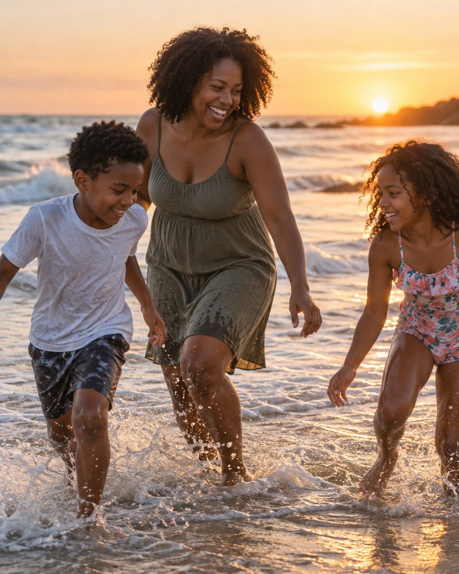 Mom in her forties laughing and splashing in the surf with her two kids at sunset