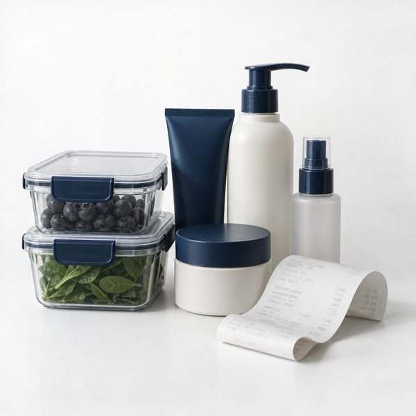 Plastic containers, cosmetic bottles and a receipt