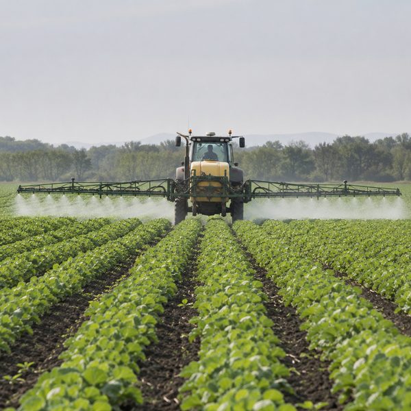 Tractor spraying pesticide over crop rows